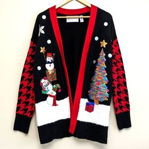 Merry & Bright Snowmen Sequin Ugly Christmas Tree Open Cardigan Sweater Size L